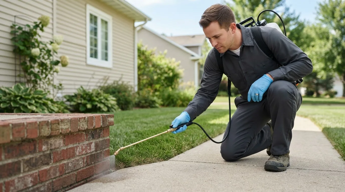 Pest control technician treating a home near Floyd, IA