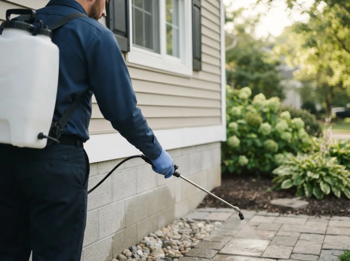 Pest control technician inspecting a home in Floyd, IA